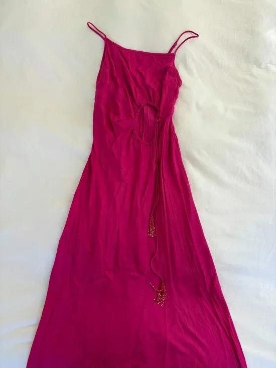 FARM RIO Hot Pink Satin Cut-Out Drawstring Tassel Beaded Slip-Dress - Picture 2 of 3